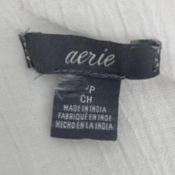 Aerie Boho White Gauze 3/4 Sleeve Embroidered Peasant Top with Tassle Front Ties - Picture 5 of 6